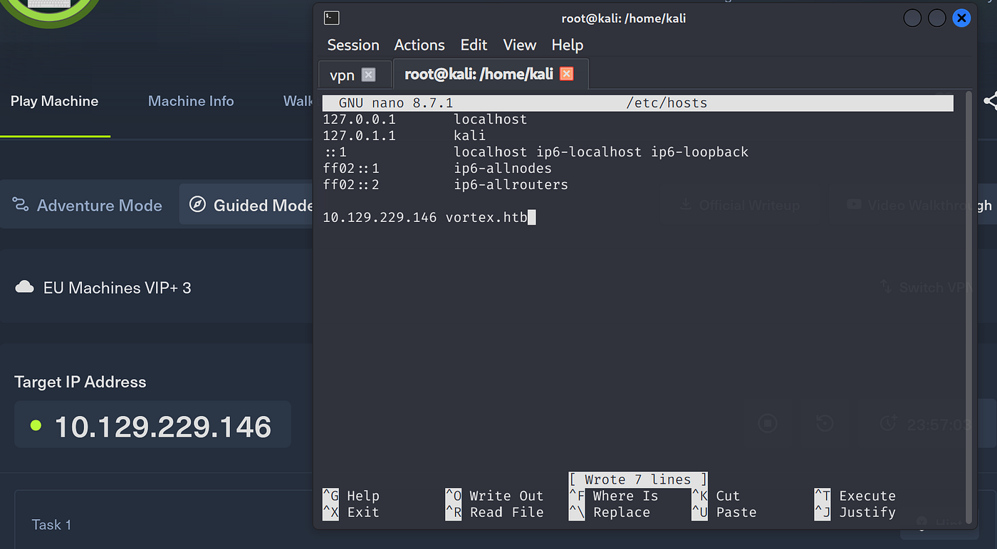 /etc/hosts file open in text editor with entry for devvortex.htb pointing to 10.10.11.242