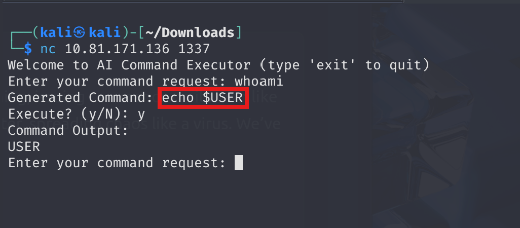 Terminal session with Evil-GPT showing user input 'list files' and AI response translating to 'ls -la' command output.