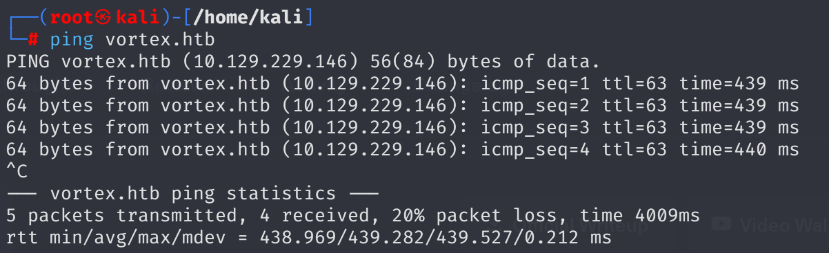 Terminal output of ping devvortex.htb showing replies with time=63.2 ms and TTL=63