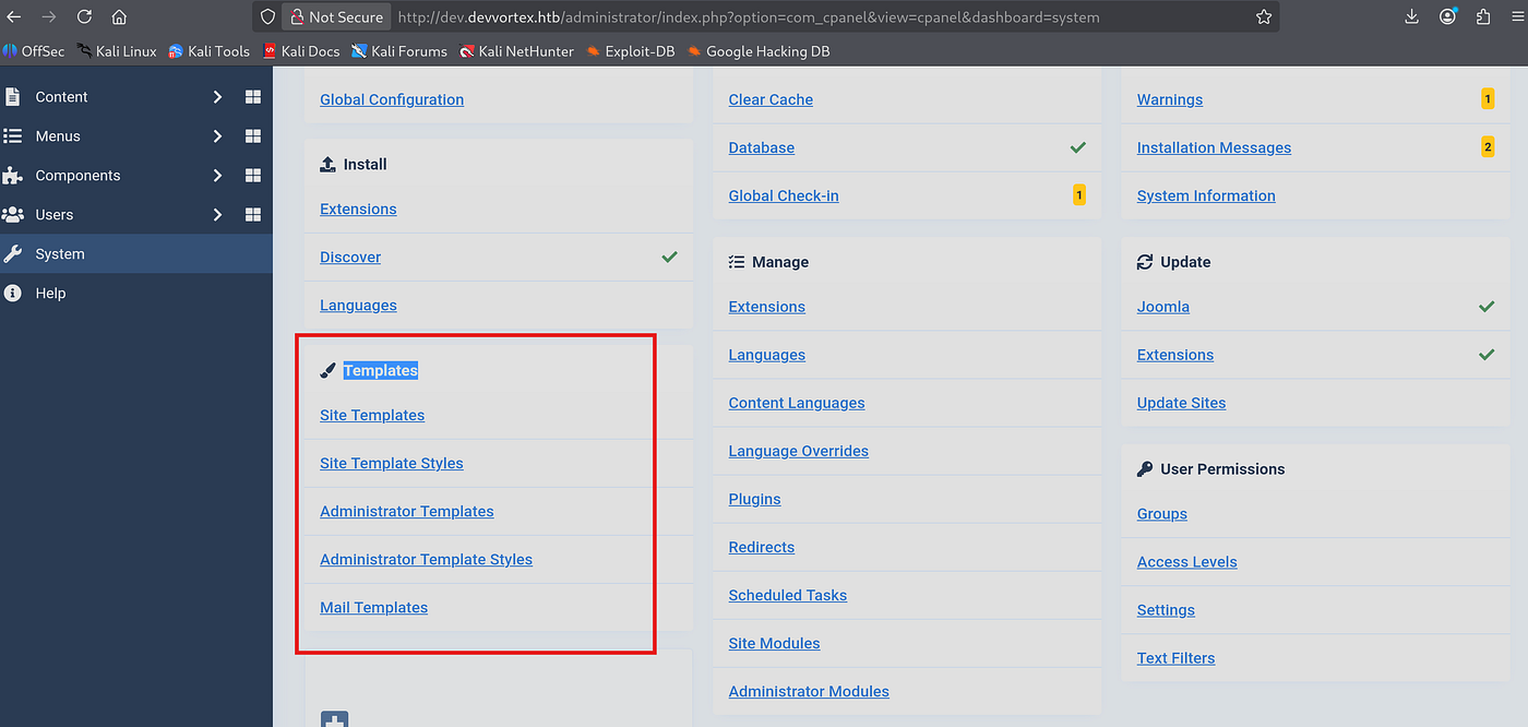 Joomla admin panel showing template editor for Cassiopeia with PHP code inserted