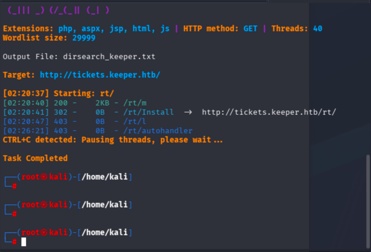 Terminal output of gobuster fuzzing for tickets.keeper.htb showing /rt/ directory.