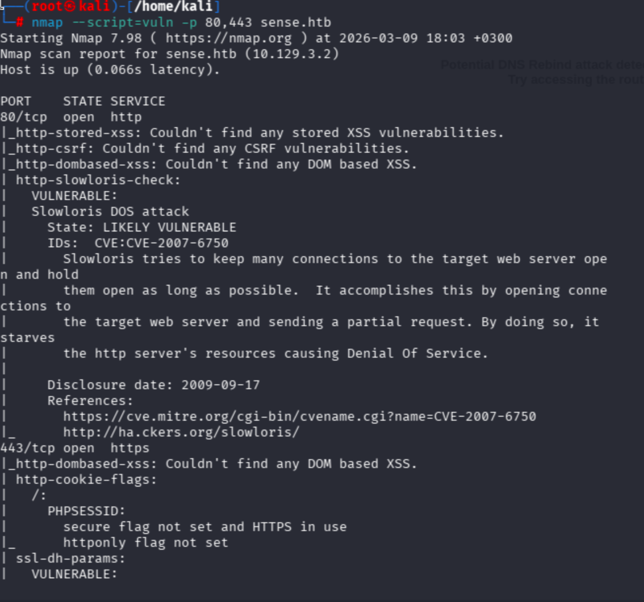 Terminal output of nmap --script=vuln -p 80,443 sense.htb flagging potential Slowloris DoS vulnerability.