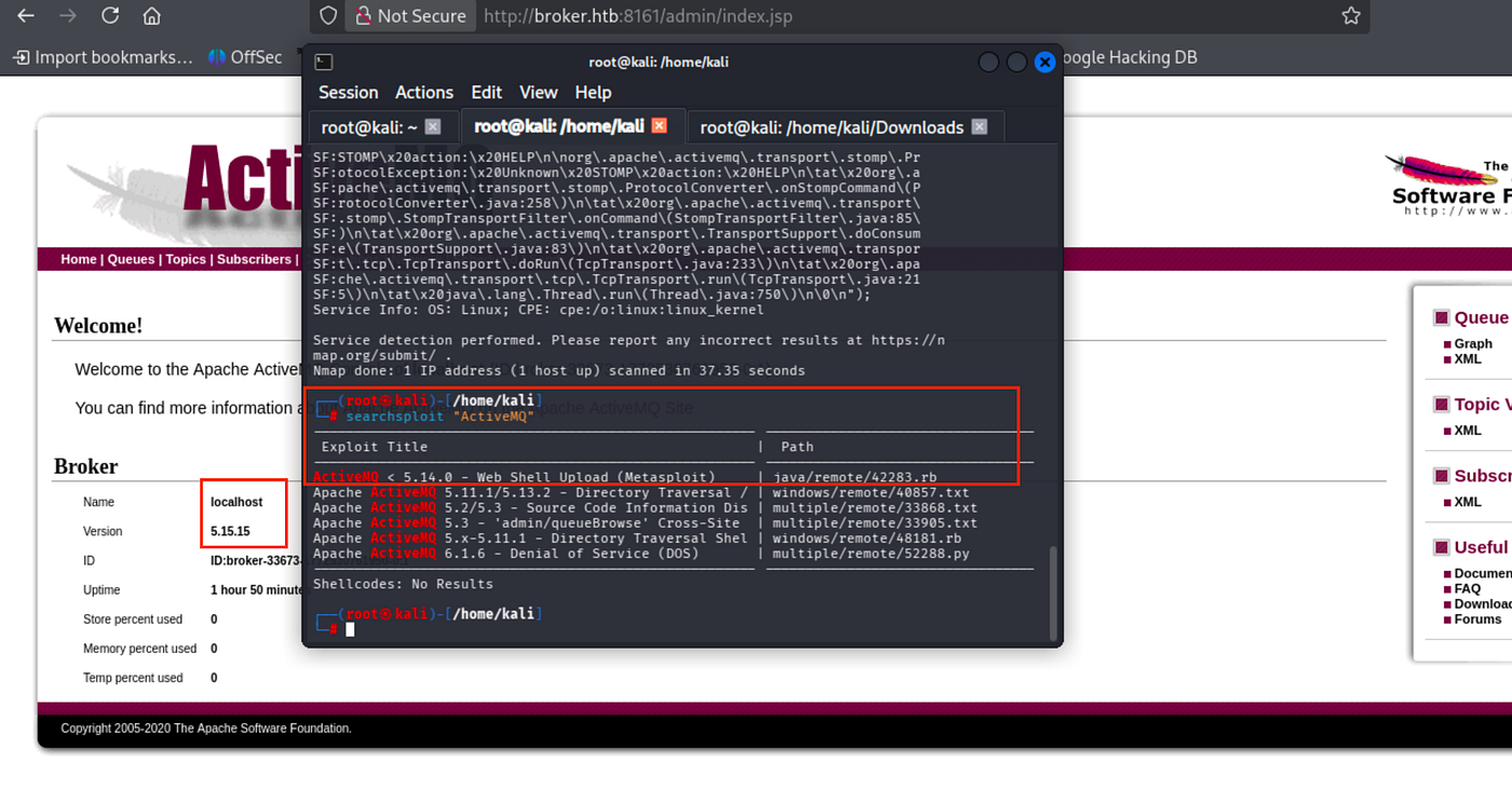 Terminal output of running an exploit attempt against Apache ActiveMQ showing error messages and failed connection.
