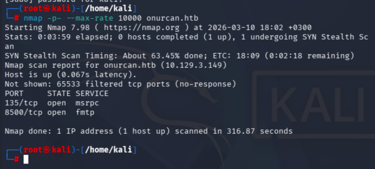 Terminal output of nmap -p- --max-rate 10000 onurcan.htb showing open ports 135 and 8500.