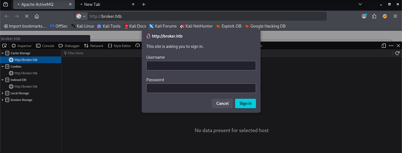 Web browser showing Apache ActiveMQ login page with title Apache ActiveMQ and URL broker.htb:8161, prompting for credentials.