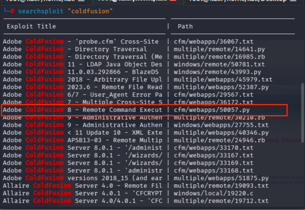 Terminal output of searchsploit coldfusion showing Adobe ColdFusion 8 Remote Command Execution exploit.