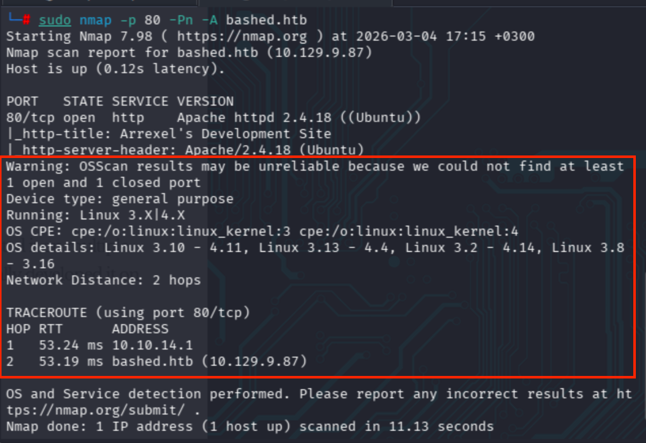 Terminal output of nmap OS detection scan on port 80 showing Apache version and Linux kernel hints.