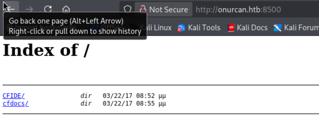 Browser window showing directory listing of onurcan.htb:8500 with directories cfdocs and CFIDE.