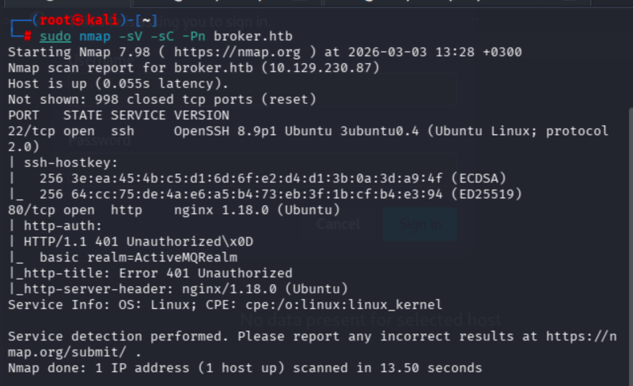 Terminal output of sudo nmap -sV -sC -Pn broker.htb showing open ports 22, 80, 1883, 5672, 8161, 46311, 61613, 61614, 61616 with service versions.