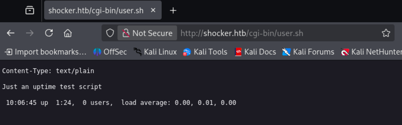 Web browser showing http://shocker.htb/cgi-bin/user.sh displaying the output of a shell script