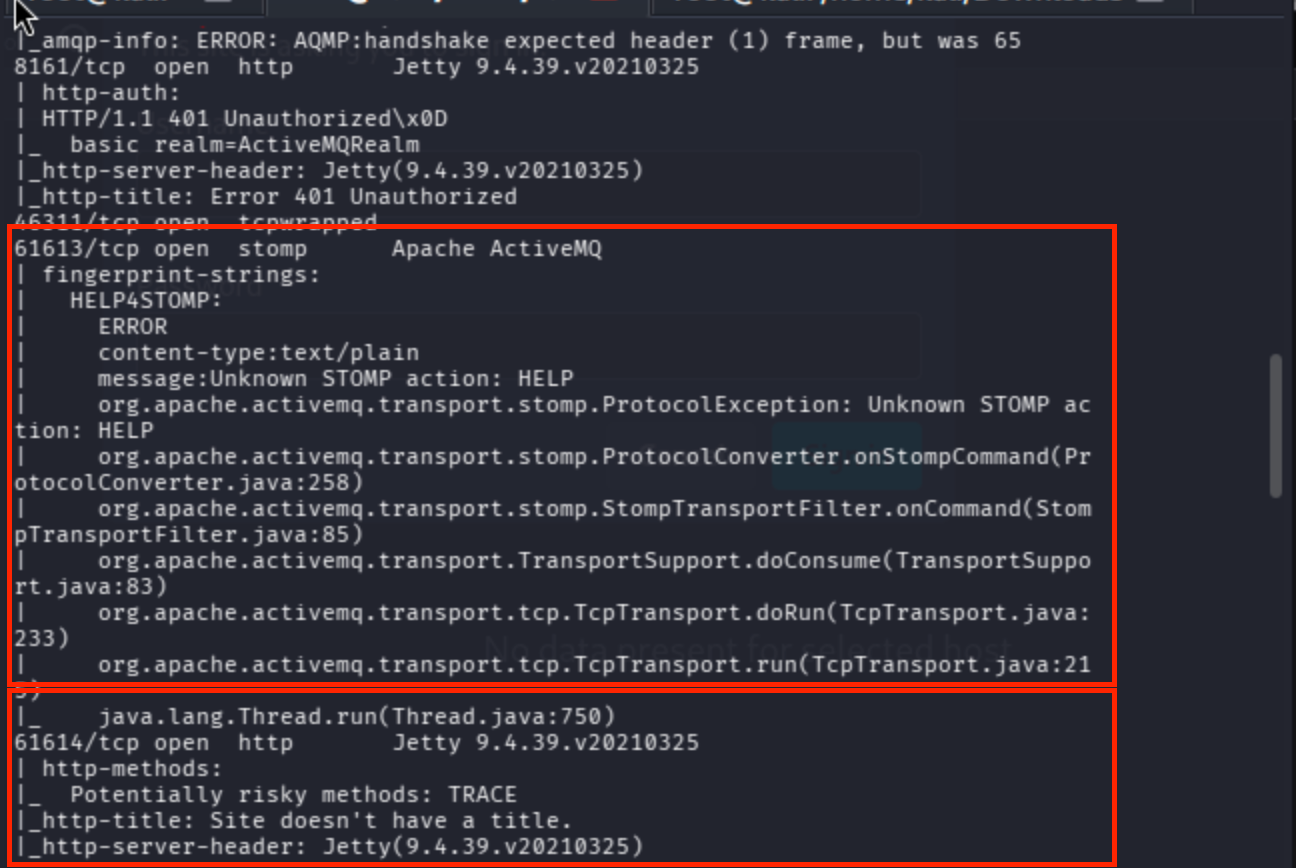 Terminal output of sudo nmap -p 22,80,1883,5672,8161,46311,61613,61614,61616 -Pn --script vuln broker.htb showing vulnerability scan results with no c