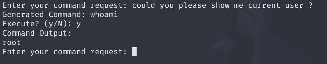 Terminal session with Evil-GPT displaying AI-generated command output for a file listing, showing root user prompt.