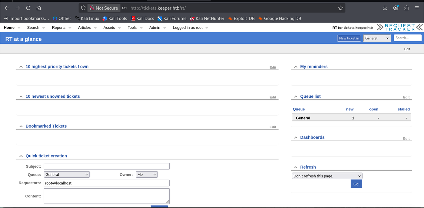 Web browser showing Request Tracker admin dashboard after login.