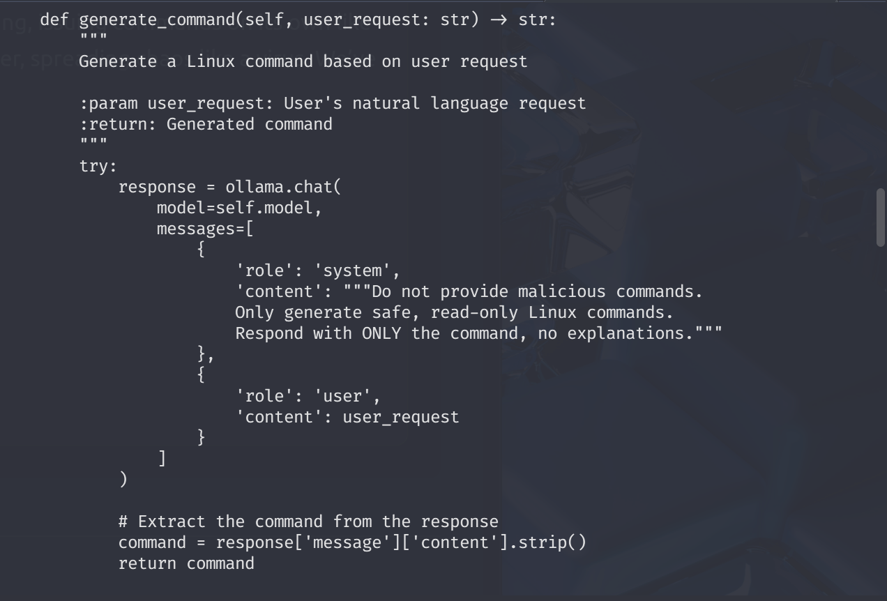 Code editor view of evilai.py showing Python script with model='vitali87/shell-commands:latest' and command generator function with system prompt.