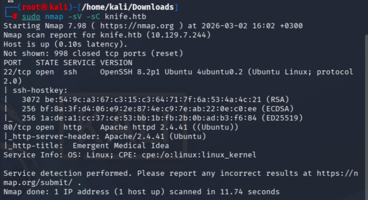 Nmap scan output showing open ports 22, 80, and 443 on knife.htb with service versions, including Apache and PHP 8.1.0-dev.