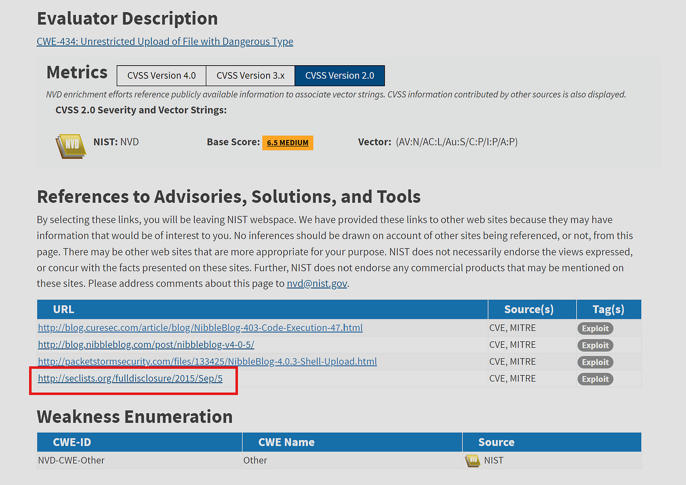 Browser showing Nmap Nibbleblog disclosure page with vulnerability description