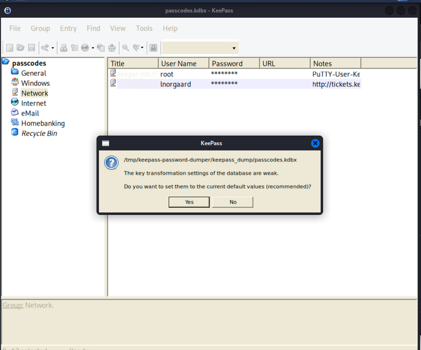KeePass2 GUI showing root entry with masked password.