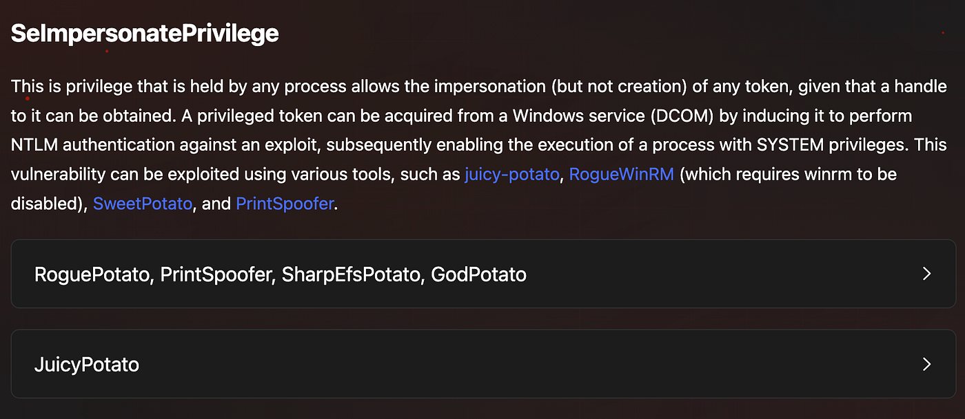 Terminal output showing whoami /all with SeImpersonatePrivilege highlighted.