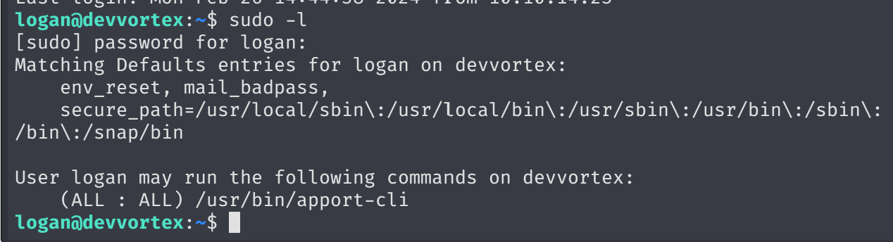 Terminal output of ssh logan@devvortex.htb and cat user.txt showing flag