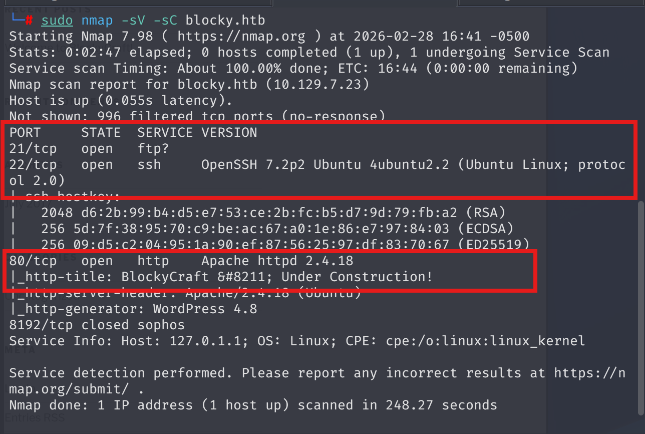 Terminal output of sudo nmap -sV -sC blocky.htb showing open ports 21, 22, 80, 443, 25565