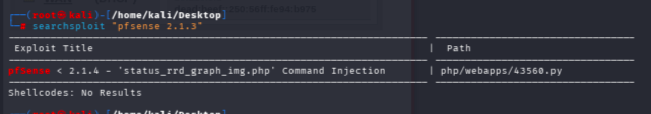 Terminal output of searchsploit pfsense 2.1.3 showing one result: pfSense < 2.1.4 status_rrd_graph_img.php Command Injection (CVE-2014-4688).
