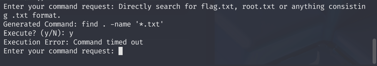 Terminal session with Evil-GPT showing user prompt asking for common flag formats, followed by timeout error message.