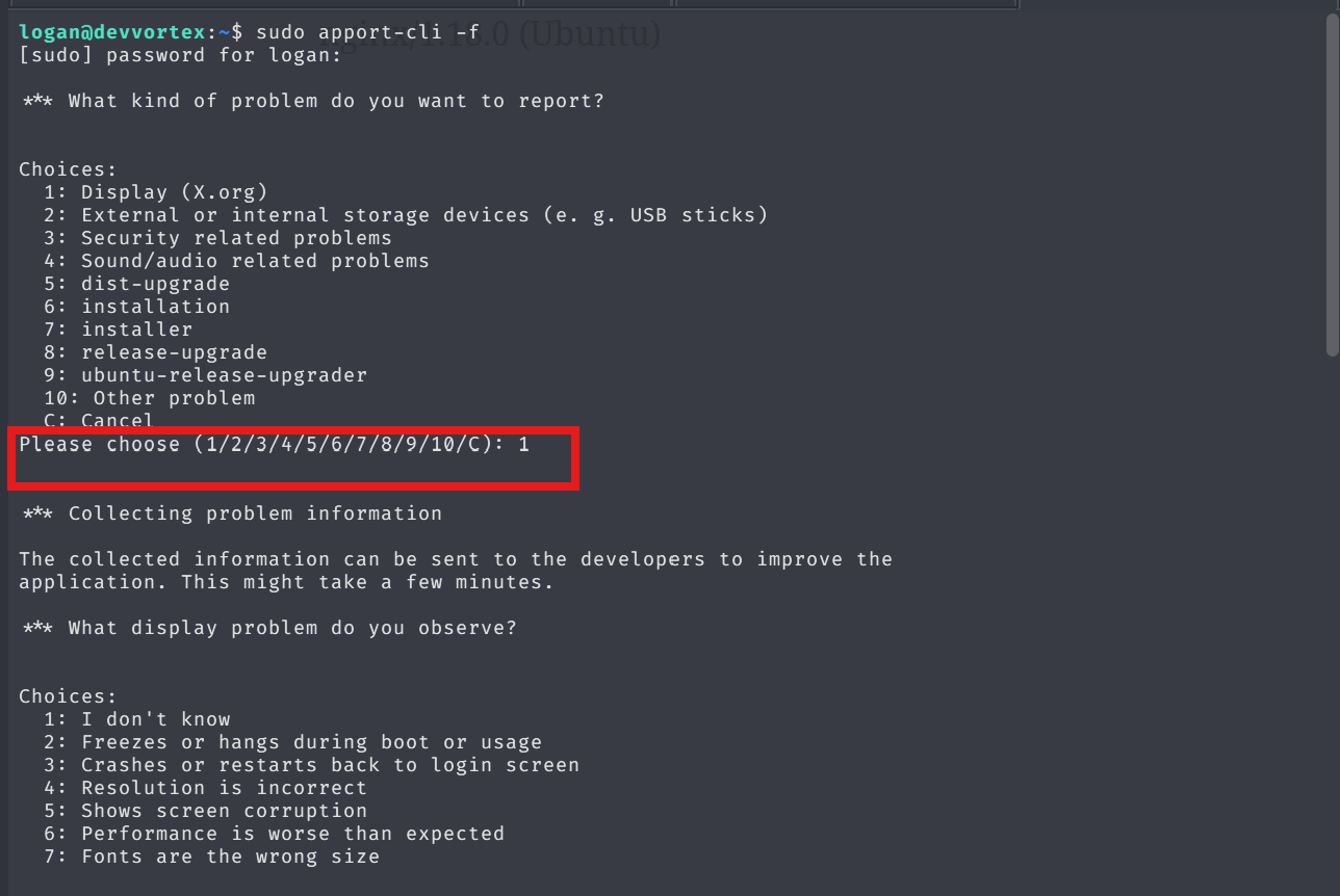 Terminal output of sudo apport-cli -f 1 2 v showing interactive menu and less prompt