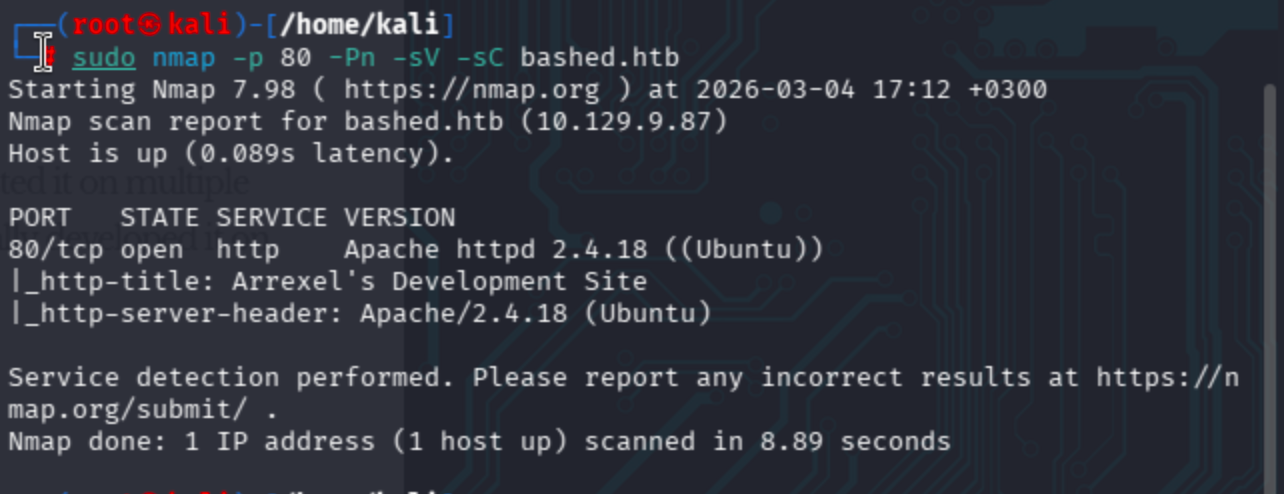 Terminal output of nmap service scan on port 80 showing http-title and http-server-header for Apache.