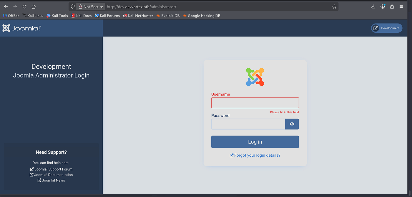 Joomla administrator login page at dev.devvortex.htb/administrator with username and password fields