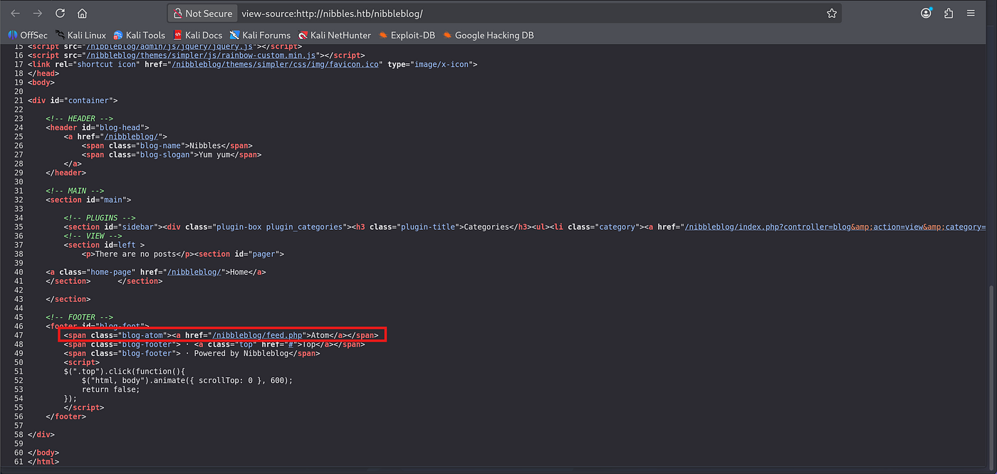 HTML source code with highlighted PHP file path /nibbleblog/admin.php