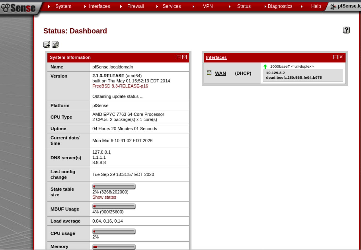 pfSense login page at https://10.129.3.2 with username rohit and password field filled, after successful login dashboard shows pfSense 2.1.3-RELEASE.