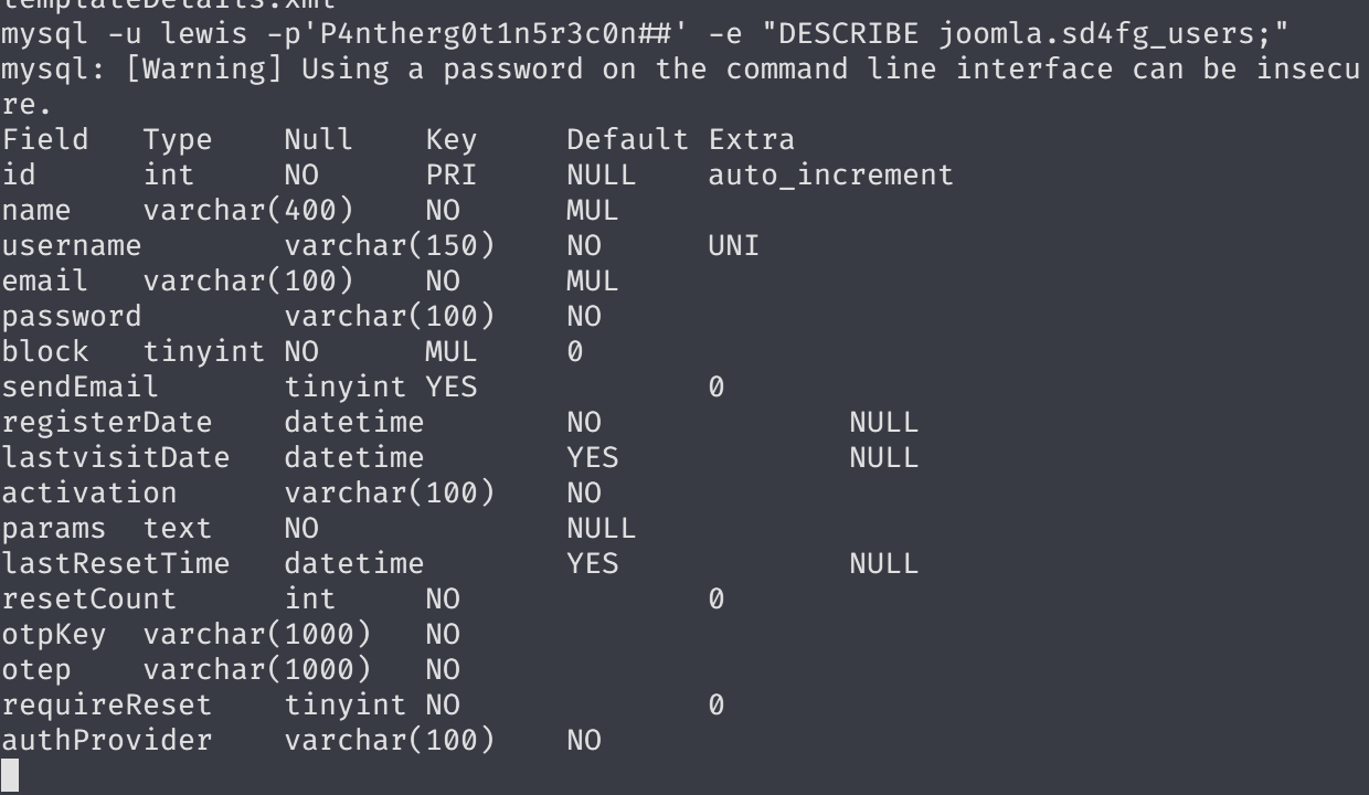 Terminal output of mysql command selecting username and password from joomla.sd4fg_users showing two hashes