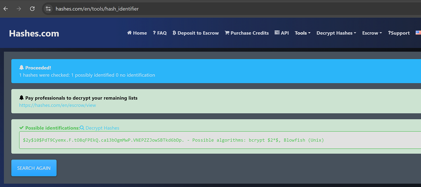 Web browser showing hashes.com website with hash input and result indicating bcrypt
