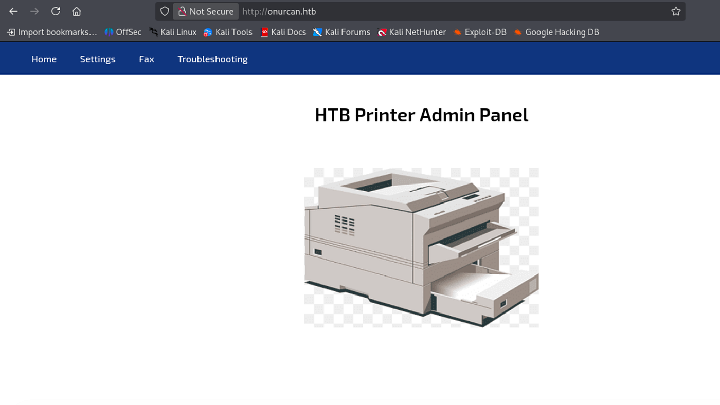 HTB Printer Admin Panel Settings page showing LDAP configuration fields: Server Address printer.return.local, Port 389, Username svc-printer