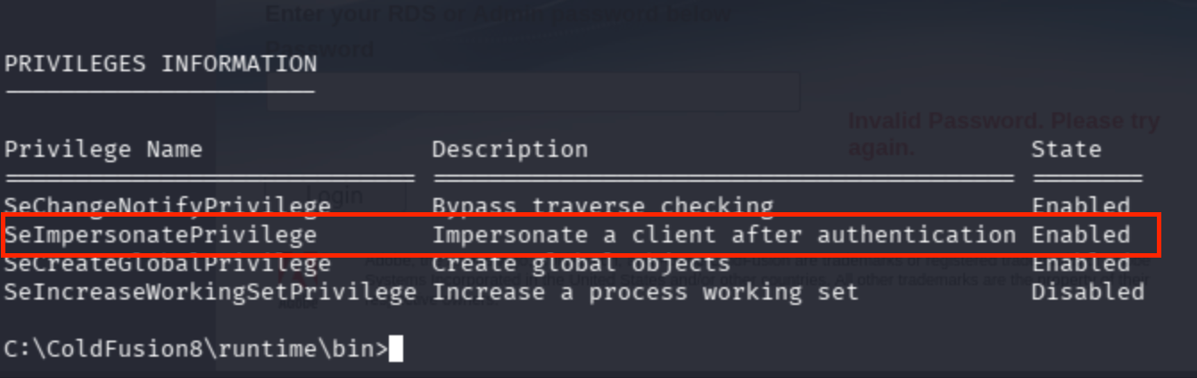 Terminal output of whoami /all showing SeImpersonatePrivilege enabled.