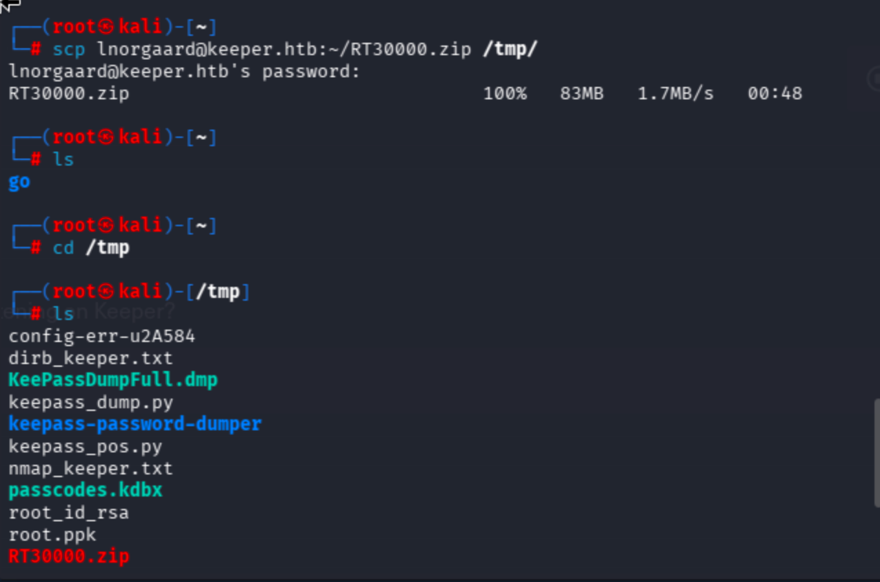 Terminal showing git clone of keepass_dump repository and moving files.