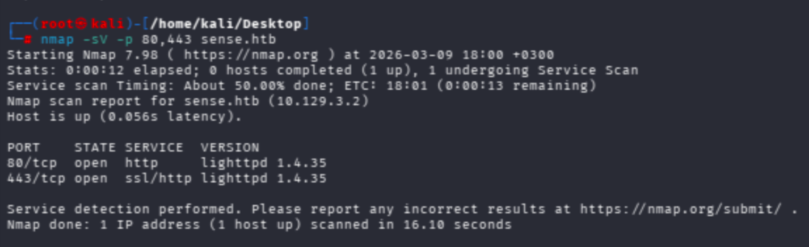 Terminal output of nmap -sV -p 80,443 sense.htb showing lighttpd 1.4.35 on both ports.