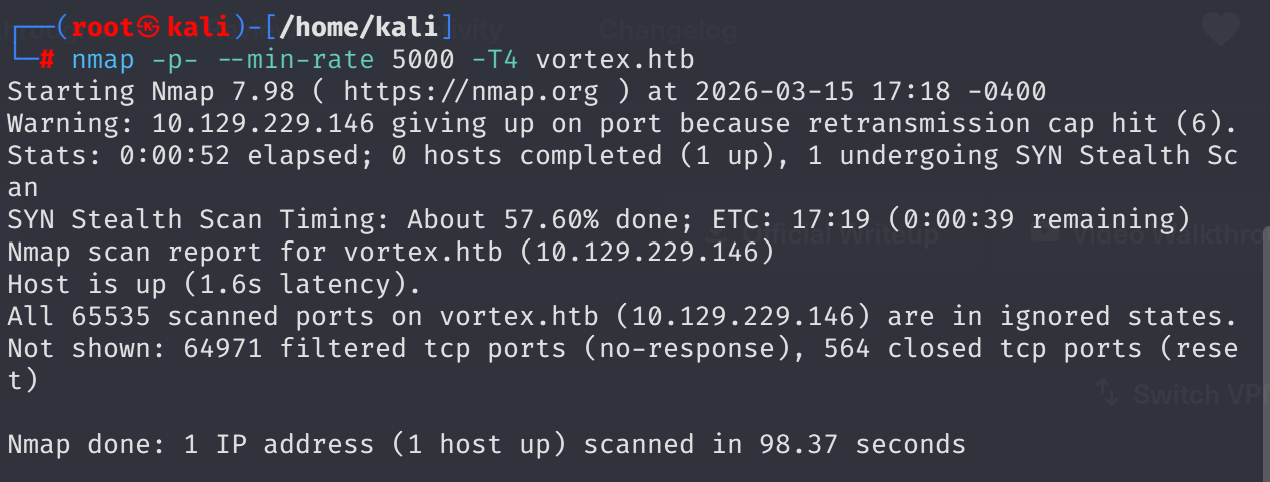 Terminal output of nmap -p- --min-rate 5000 -T4 devvortex.htb showing no results, likely due to no -Pn flag