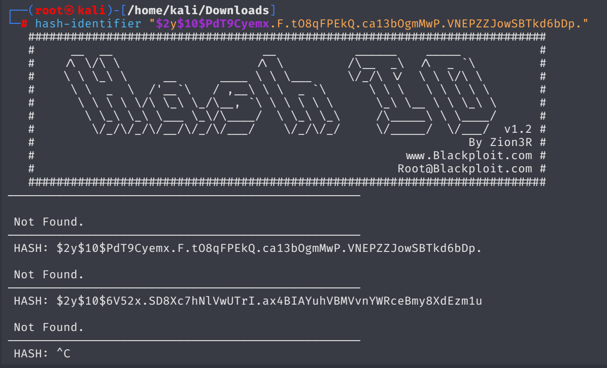 Terminal output of hash-identifier showing possible hash types including bcrypt