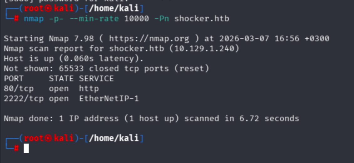 Terminal output of nmap -sV --script=vuln -Pn shocker.htb showing many potential vulnerabilities