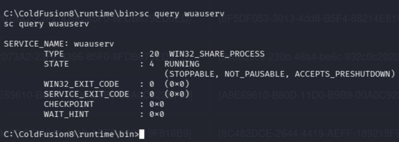 Terminal output of sc query wuauserv showing the service is running.